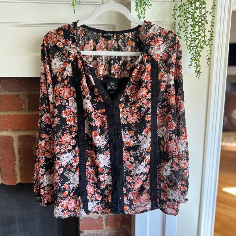 OAK Black and Red Floral Blouse